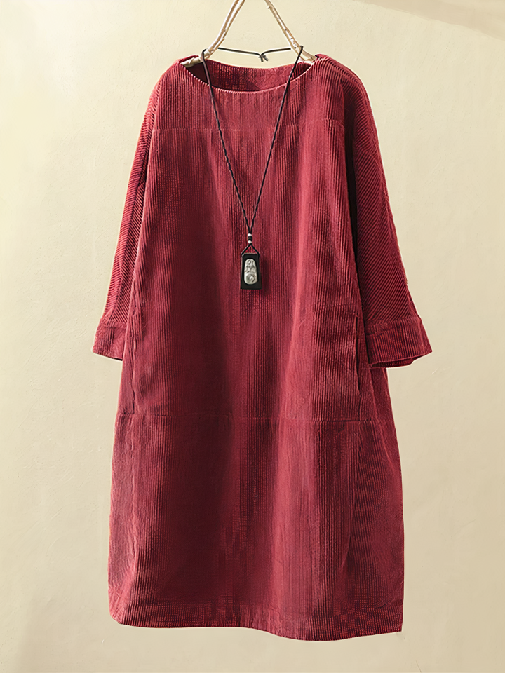 Damen Corduroy Rundhals Midi Kleid