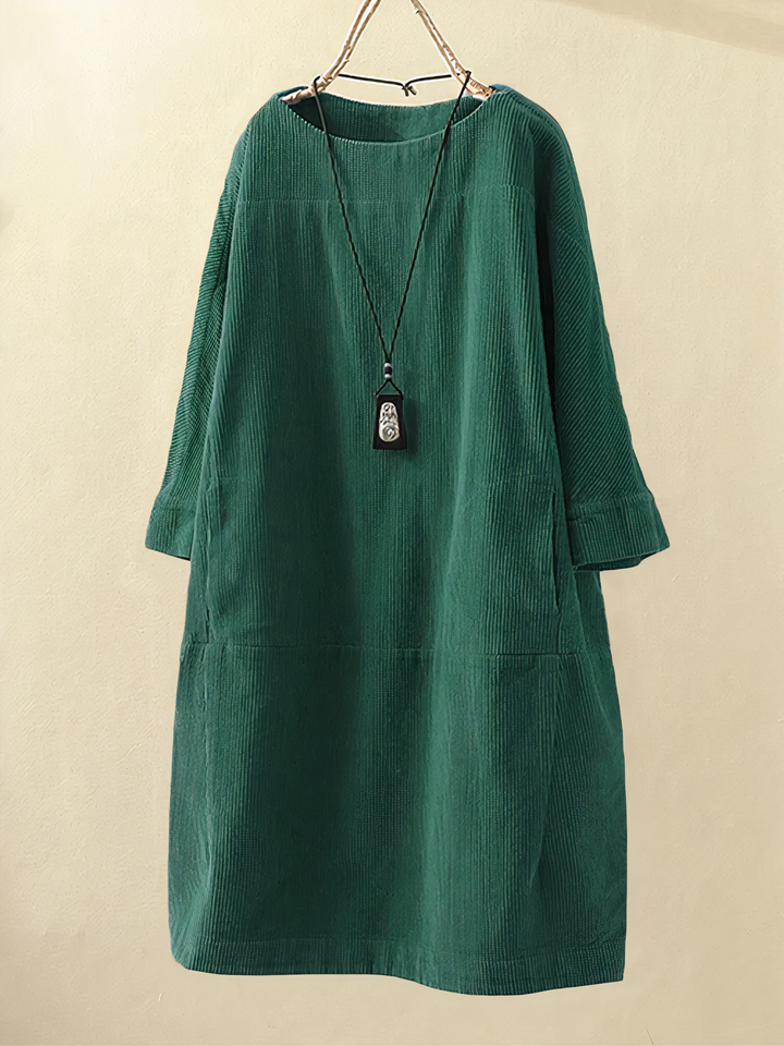 Damen Corduroy Rundhals Midi Kleid