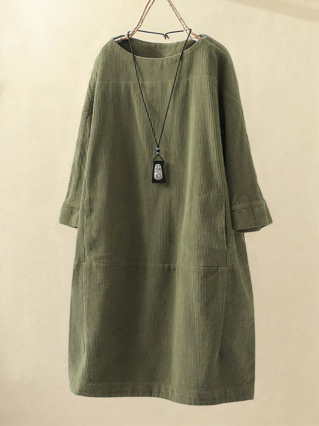 Damen Corduroy Rundhals Midi Kleid