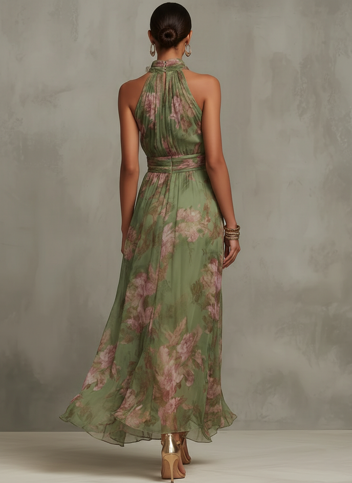 Chiffon Maxi Halterkleid Damen Blumenmuster Faltige Taille - Grün - Maelen