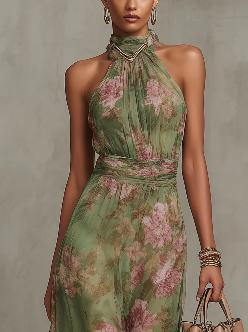 Chiffon Maxi Halterkleid Damen Blumenmuster Faltige Taille - Grün - Maelen