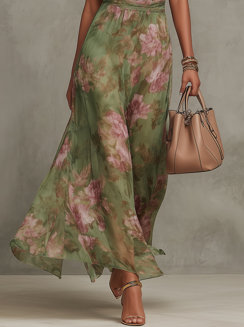 Chiffon Maxi Halterkleid Damen Blumenmuster Faltige Taille - Grün - Maelen