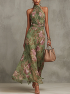 Chiffon Maxi Halterkleid Damen Blumenmuster Faltige Taille - Grün - Maelen