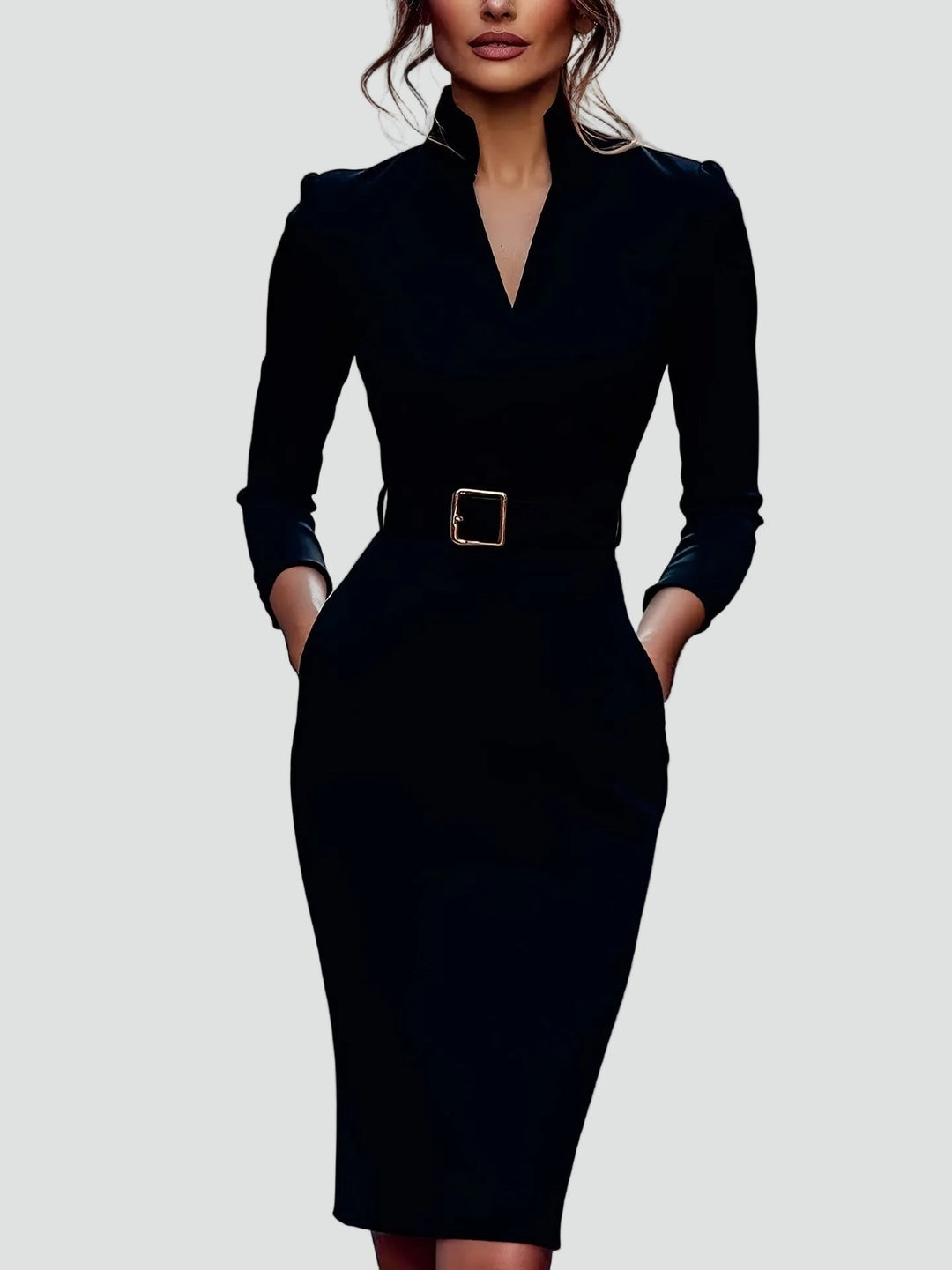 Geschäftliches Midi-Kleid für Damen mit Gürtel und 3/4-Ärmeln, Elegant und Figurbetont - Leonora Bianchi