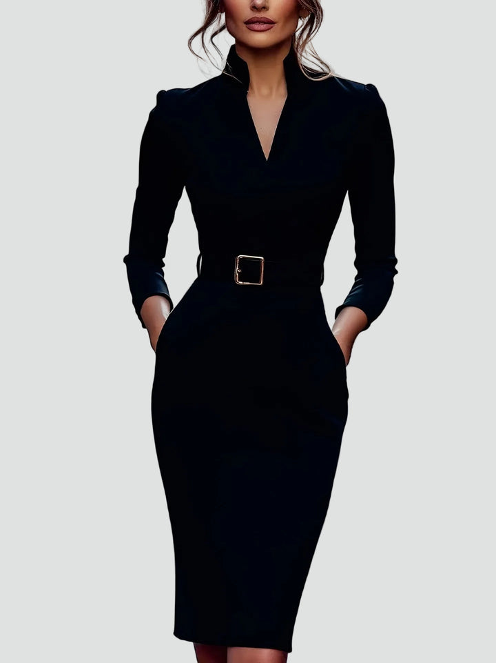 Geschäftliches Midi-Kleid für Damen mit Gürtel und 3/4-Ärmeln, Elegant und Figurbetont - Leonora Bianchi