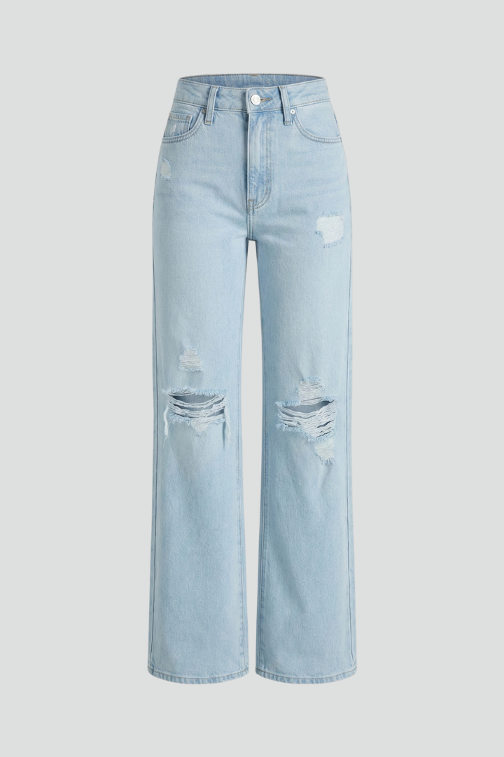 NOVA - Hoch geschnittene, distressed Weite Hose Jeans mit gerissenem Knie-Detail