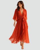 Luftige Wickelkleid Damen Midi Abendkleid mit Wickelausschnitt und Schleifen-Gürtel - Orange/Schwarz/Grün