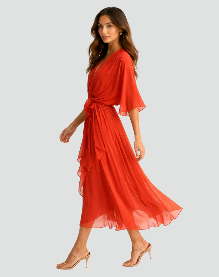 Luftige Wickelkleid Damen Midi Abendkleid mit Wickelausschnitt und Schleifen-Gürtel - Orange/Schwarz/Grün