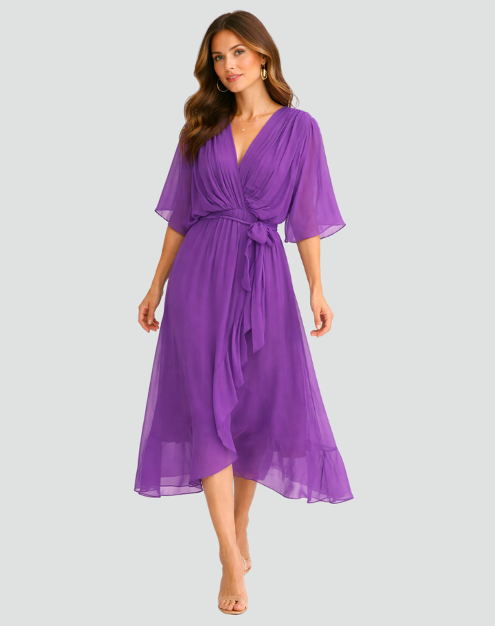 Luftige Wickelkleid Damen Midi Abendkleid mit Wickelausschnitt und Schleifen-Gürtel - Orange/Schwarz/Grün