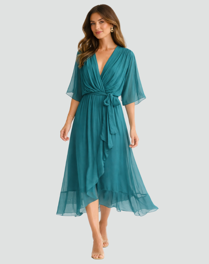 Luftige Wickelkleid Damen Midi Abendkleid mit Wickelausschnitt und Schleifen-Gürtel - Orange/Schwarz/Grün