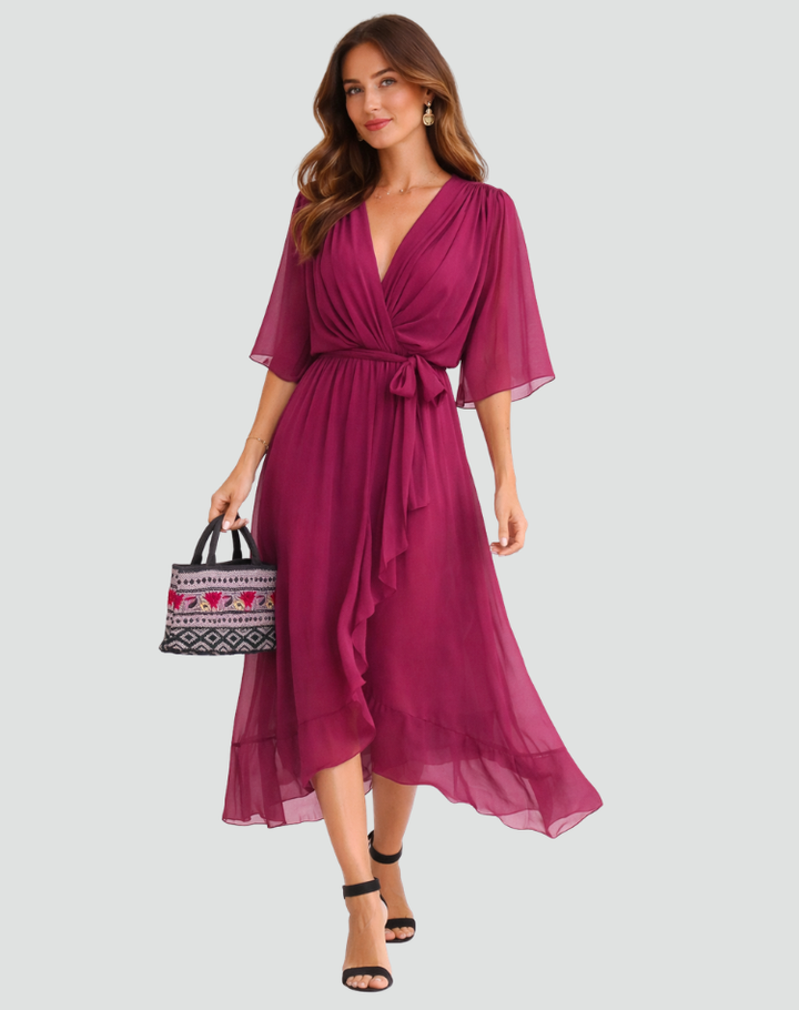 Luftige Wickelkleid Damen Midi Abendkleid mit Wickelausschnitt und Schleifen-Gürtel - Orange/Schwarz/Grün