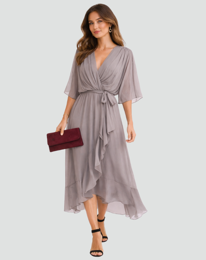 Luftige Wickelkleid Damen Midi Abendkleid mit Wickelausschnitt und Schleifen-Gürtel - Orange/Schwarz/Grün