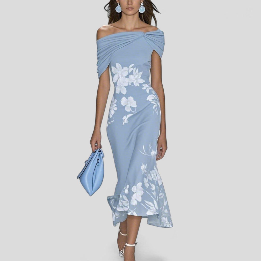 ISABRUNEL - Off-Shoulder Floral Midi Kleid mit Rüschensaum