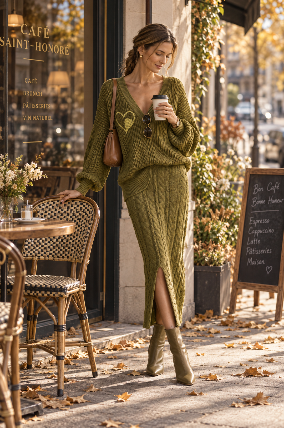 Damen V-Ausschnitt Pullover mit Herzdetails in Oliv
