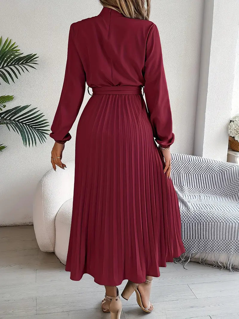 Damen Langarm Falten Kleid mit Gürtel