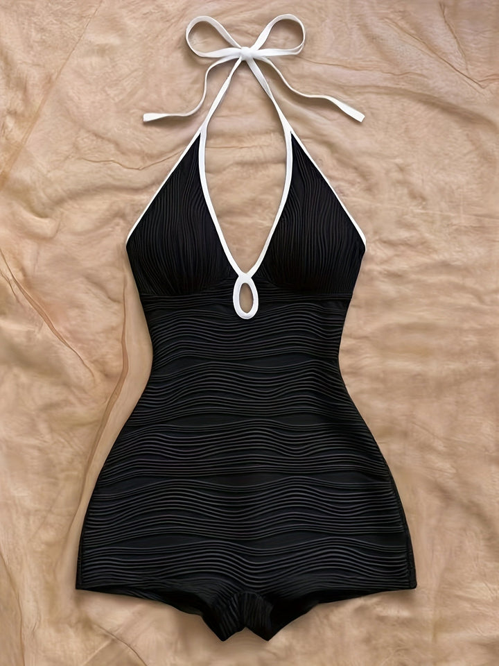 Damen Badeanzug mit Halterneck und Wellenmuster – Eleganter Vintage-Stil für Strand und Pool