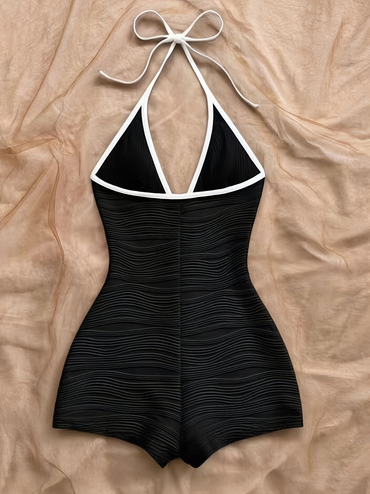 Damen Badeanzug mit Halterneck und Wellenmuster – Eleganter Vintage-Stil für Strand und Pool