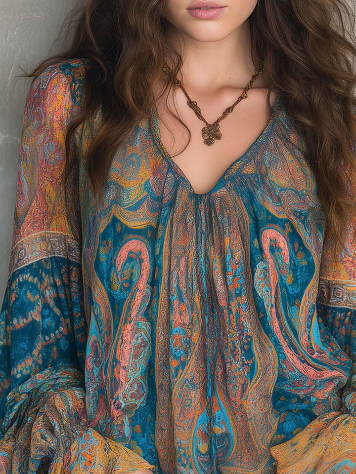 Sara | Bohemian Teal &amp; Amber Paisley Chiffonbluse mit Rüschensäumen