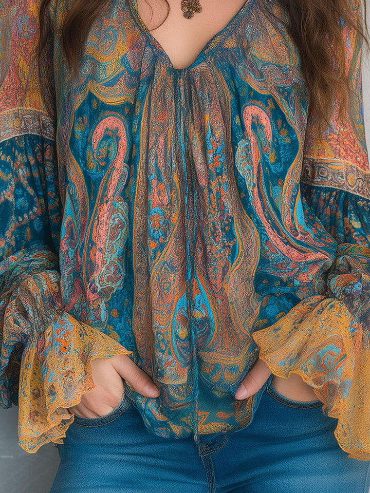 Sara | Bohemian Teal &amp; Amber Paisley Chiffonbluse mit Rüschensäumen