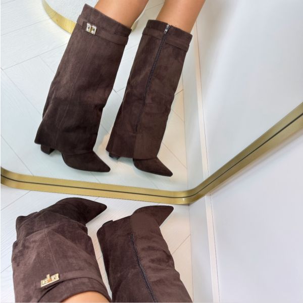 Damen Stiefel mit Blockabsatz und Schnalle aus Wildleder oder Leder