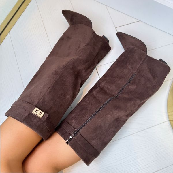 Damen Stiefel mit Blockabsatz und Schnalle aus Wildleder oder Leder