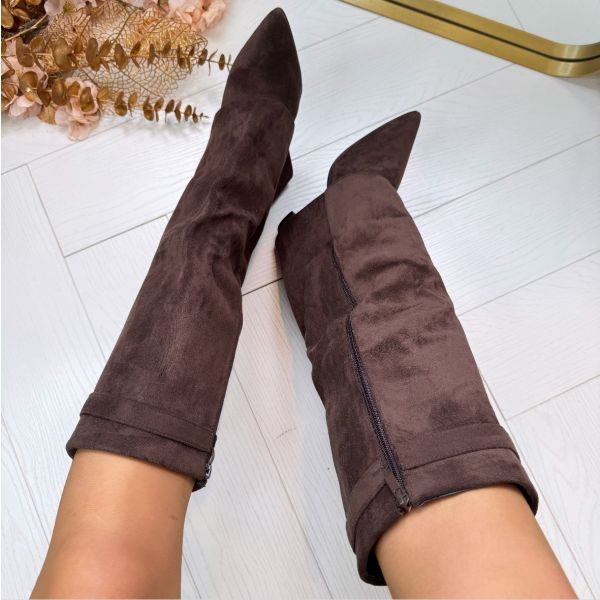 Damen Stiefel mit Blockabsatz und Schnalle aus Wildleder oder Leder