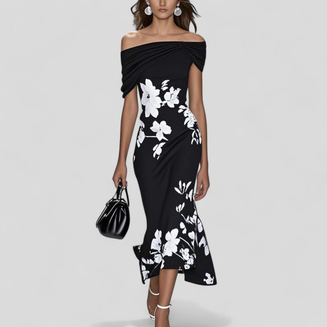 ISABRUNEL - Off-Shoulder Floral Midi Kleid mit Rüschensaum