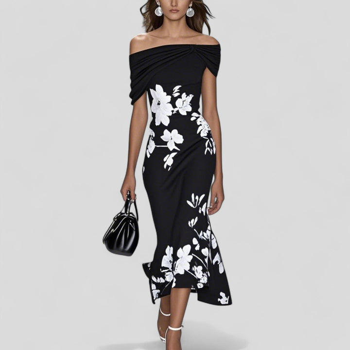 ISABRUNEL - Off-Shoulder Floral Midi Kleid mit Rüschensaum