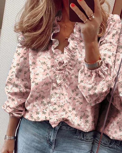 Beverly | Damen Rüschenshirt mit V-Ausschnitt und langen Ärmeln