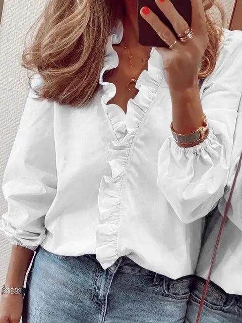 Beverly | Damen Rüschenshirt mit V-Ausschnitt und langen Ärmeln