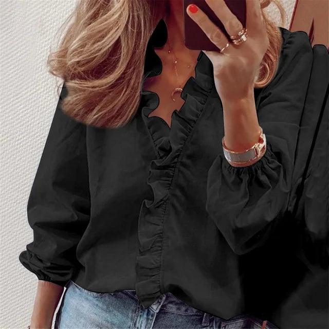 Beverly | Damen Rüschenshirt mit V-Ausschnitt und langen Ärmeln
