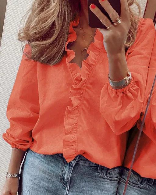 Beverly | Damen Rüschenshirt mit V-Ausschnitt und langen Ärmeln