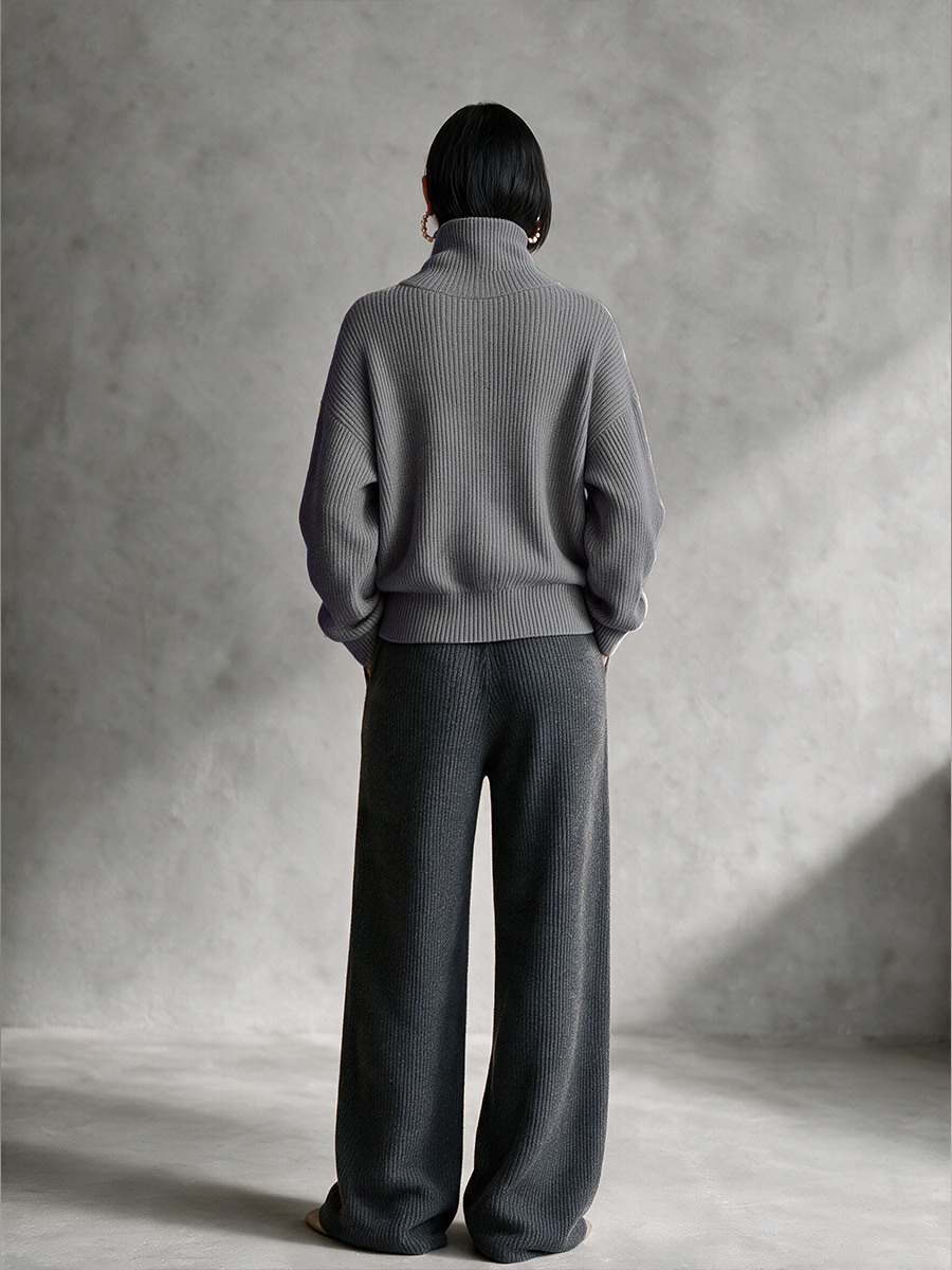 Damen Grauer Diagonal-Reißverschluss Funnel Neck Strickpullover
