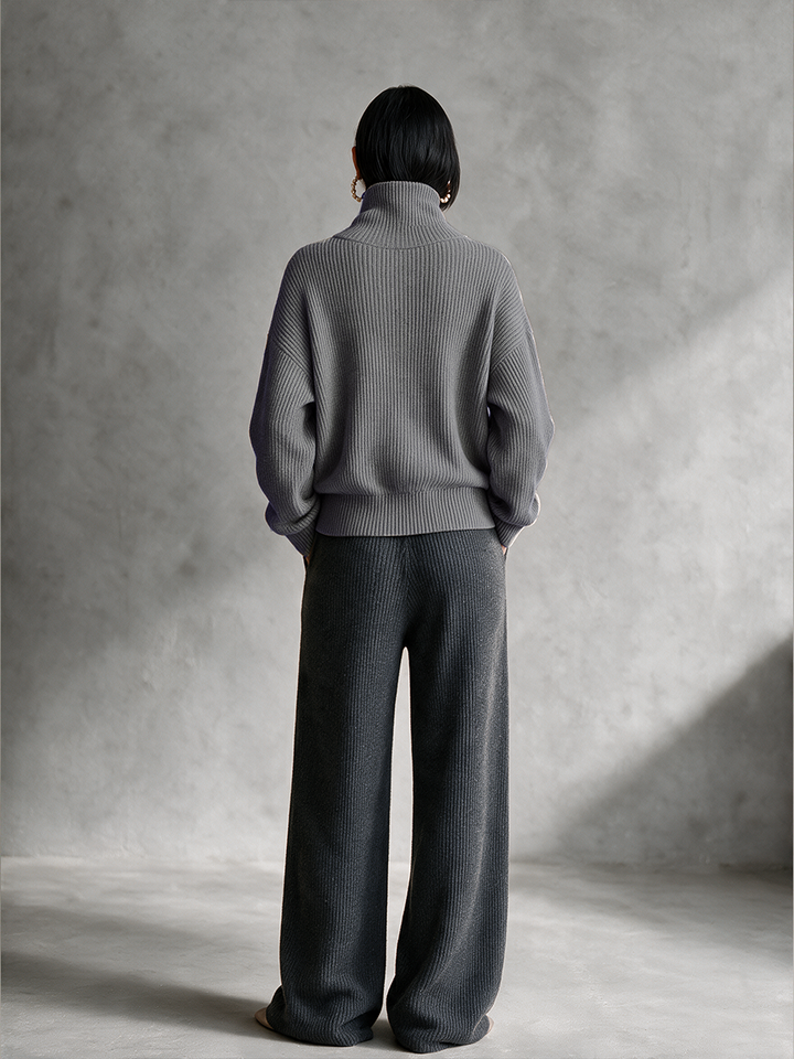 Damen Grauer Diagonal-Reißverschluss Funnel Neck Strickpullover