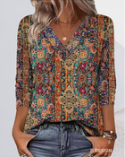 CORALINE - Retro Bedruckte V-Ausschnitt Bluse