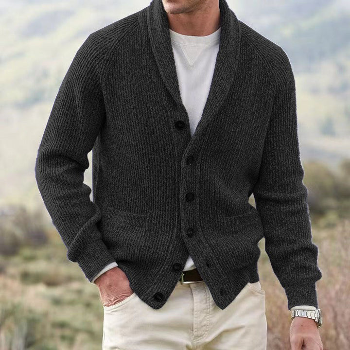 Cardigan Pullover Herren mit Schalkragen, geripptem Strick, Knopfverschluss und Raglanärmeln