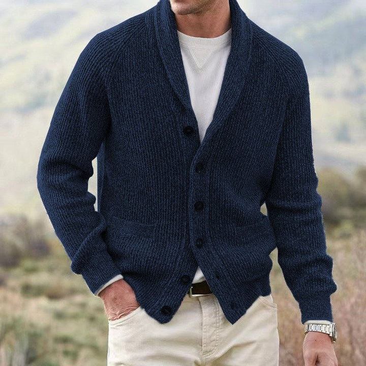 Cardigan Pullover Herren mit Schalkragen, geripptem Strick, Knopfverschluss und Raglanärmeln