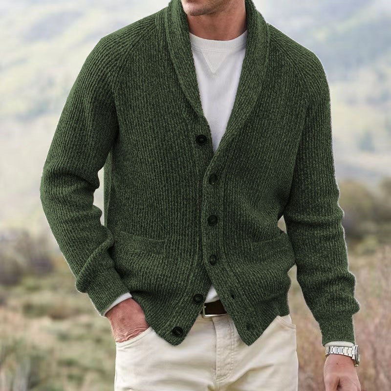 Cardigan Pullover Herren mit Schalkragen, geripptem Strick, Knopfverschluss und Raglanärmeln