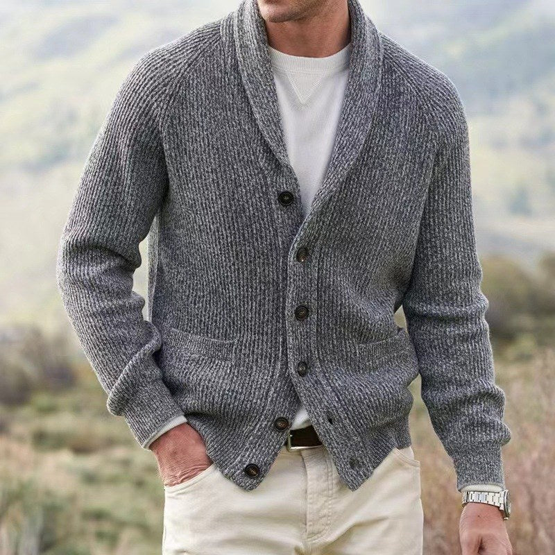 Cardigan Pullover Herren mit Schalkragen, geripptem Strick, Knopfverschluss und Raglanärmeln