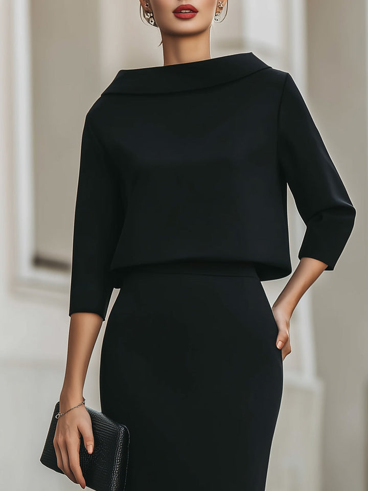Damen Zweiteiliges Set Bootneck Top und Midi Rock Taillierte Passform - Schwarz / Marineblau / Beige - Maelen