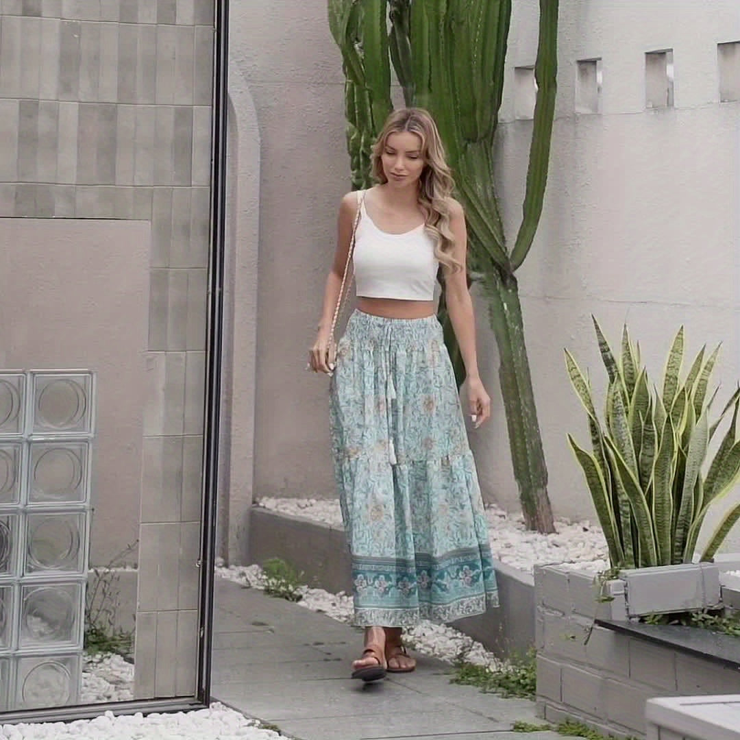 Damen Boho Lange Blumige Elegante Sommermode Rock mit Taschen
