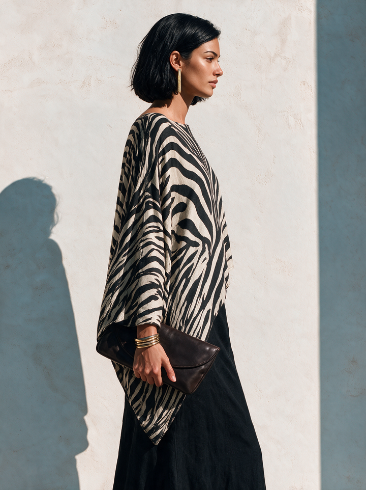 Damen Zebra-Print Asymmetrischer Saum Baumwoll-Mix Top