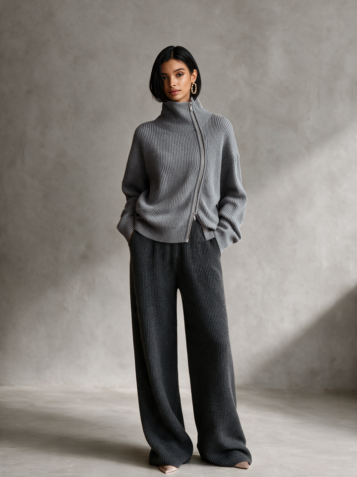 Damen Grauer Diagonal-Reißverschluss Funnel Neck Strickpullover