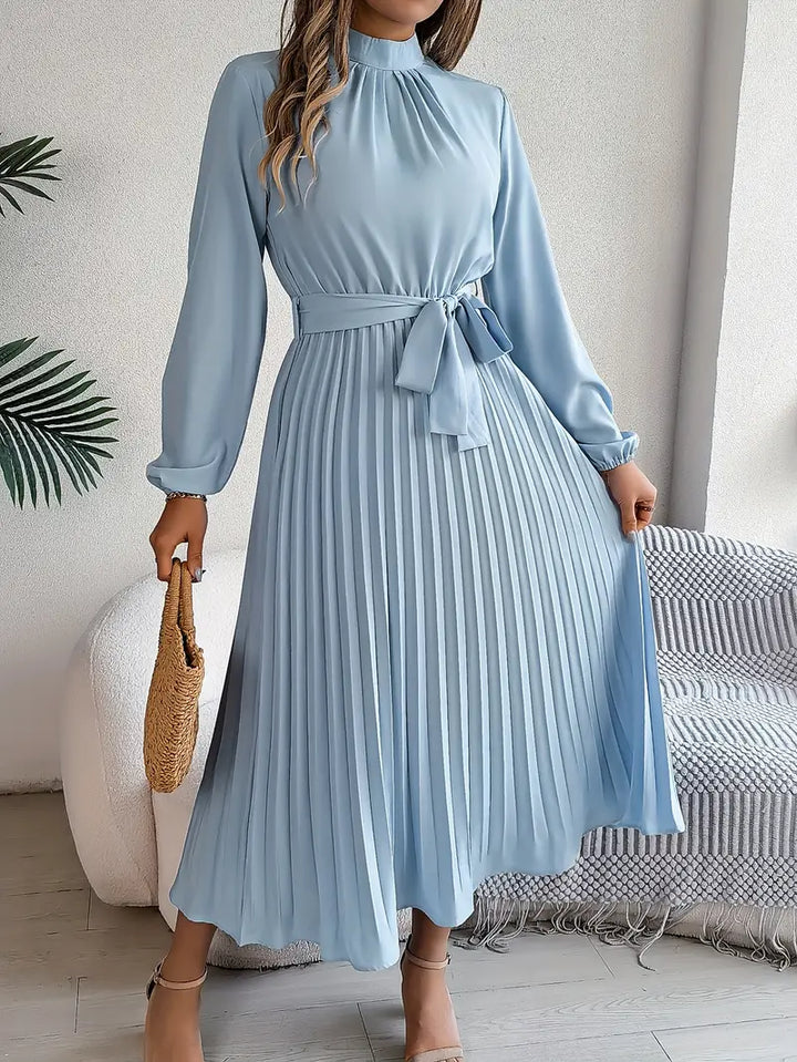 Damen Langarm Falten Kleid mit Gürtel