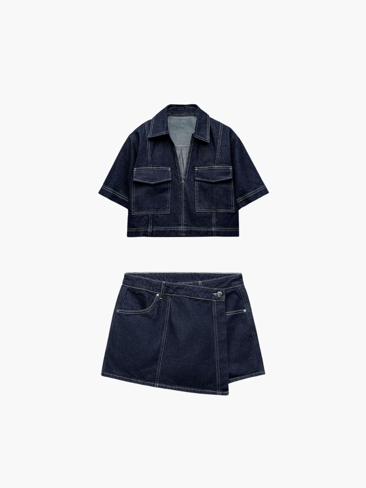 Damen Denim-Set mit Kurzarm-Jacke V-Ausschnitt Brusttaschen und Skort mit Knopfverschluss