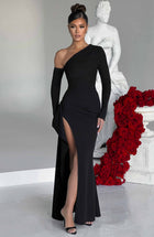 Damen Einschultriges Maxi Kleid mit langem Ärmel und Beinschlitz