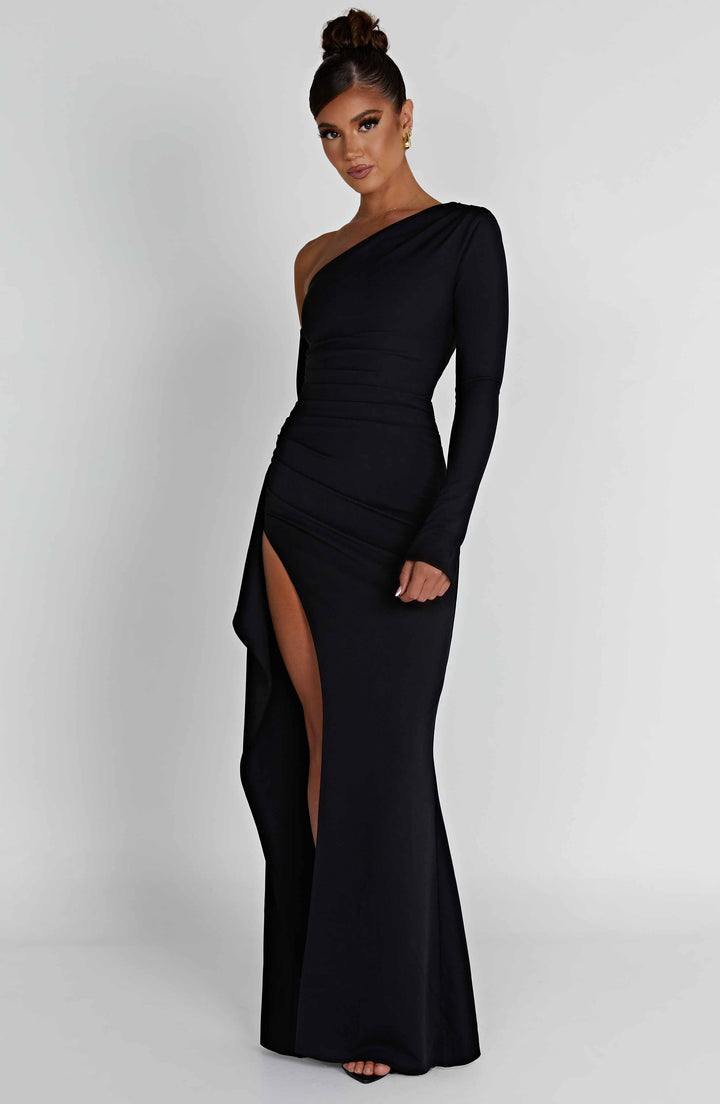 Damen Einschultriges Maxi Kleid mit langem Ärmel und Beinschlitz