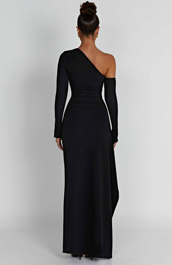 Damen Einschultriges Maxi Kleid mit langem Ärmel und Beinschlitz