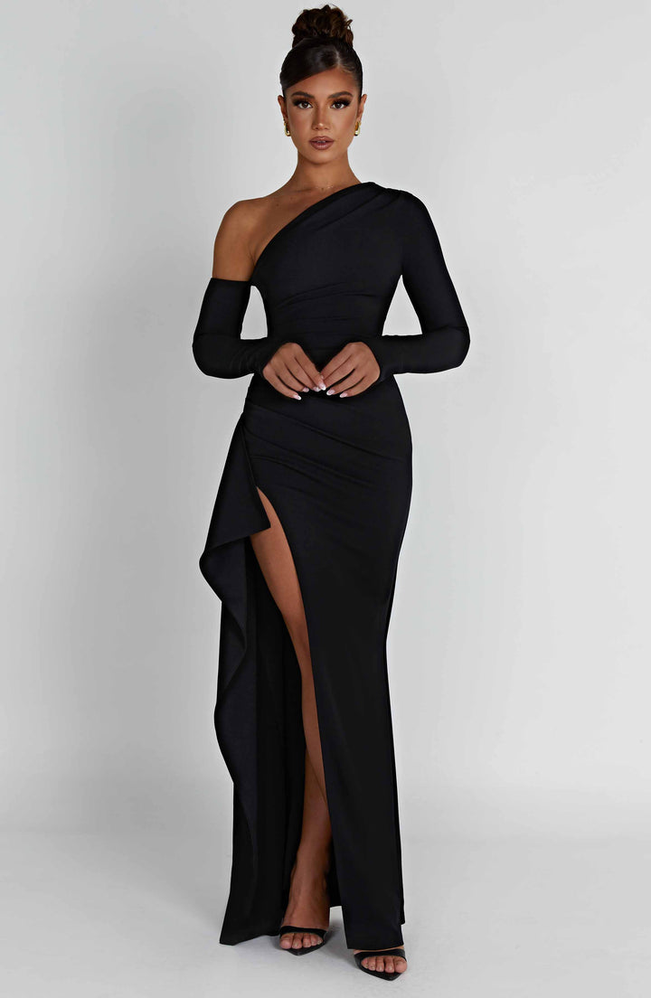 Damen Einschultriges Maxi Kleid mit langem Ärmel und Beinschlitz