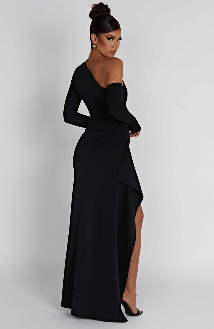 Damen Einschultriges Maxi Kleid mit langem Ärmel und Beinschlitz